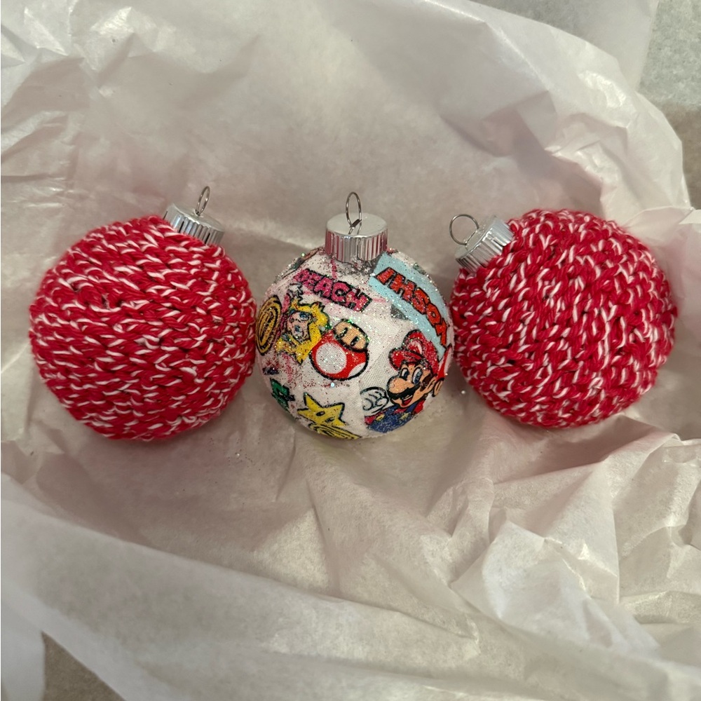 Set of 3 Red & White Holiday Ornaments (Includes Character Print)